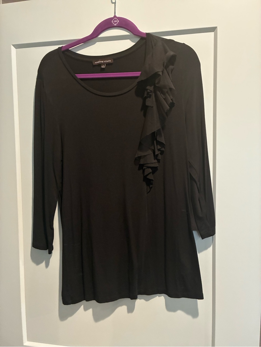 Adrienne Vittadini Black Long Sleeve Top with Ruffle Detail